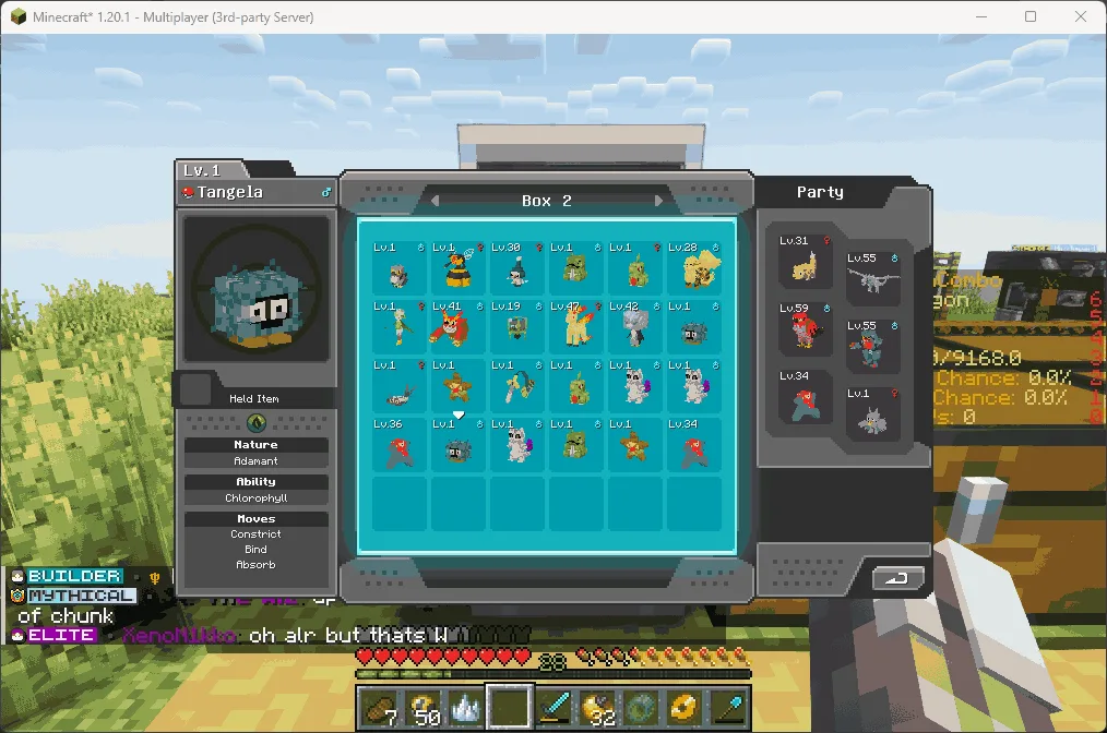 Интерфейс мода Cobblemon UI Tweaks: просмотр сводки покемона в меню ПК.