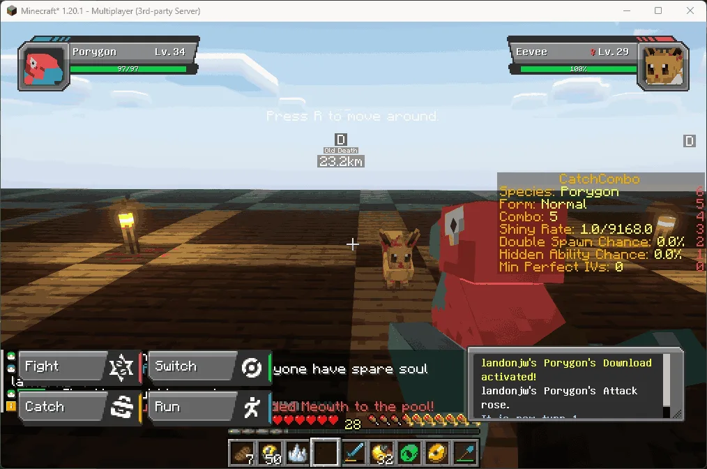 Интерфейс битвы в Cobblemon с измененным расположением и размером лога сообщений.