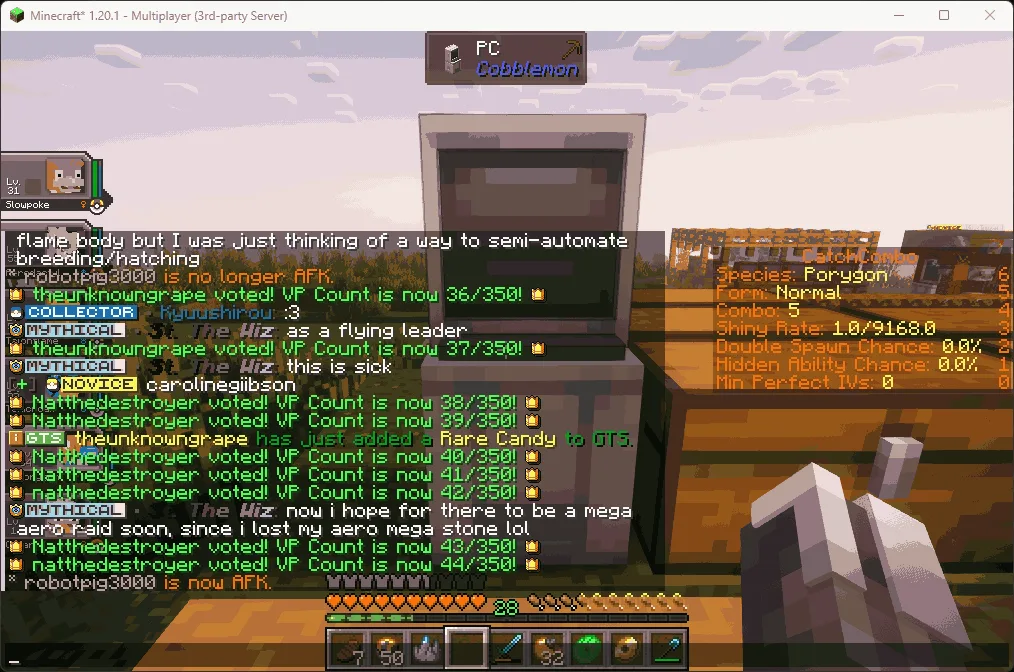 Интерфейс мода Cobblemon: меню ПК с открытой последней просмотренной коробкой.