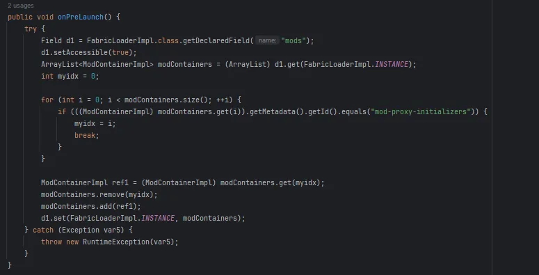 Скриншот исходного кода мода Conditional Proxy Mod Initializers с комментариями разработчика.