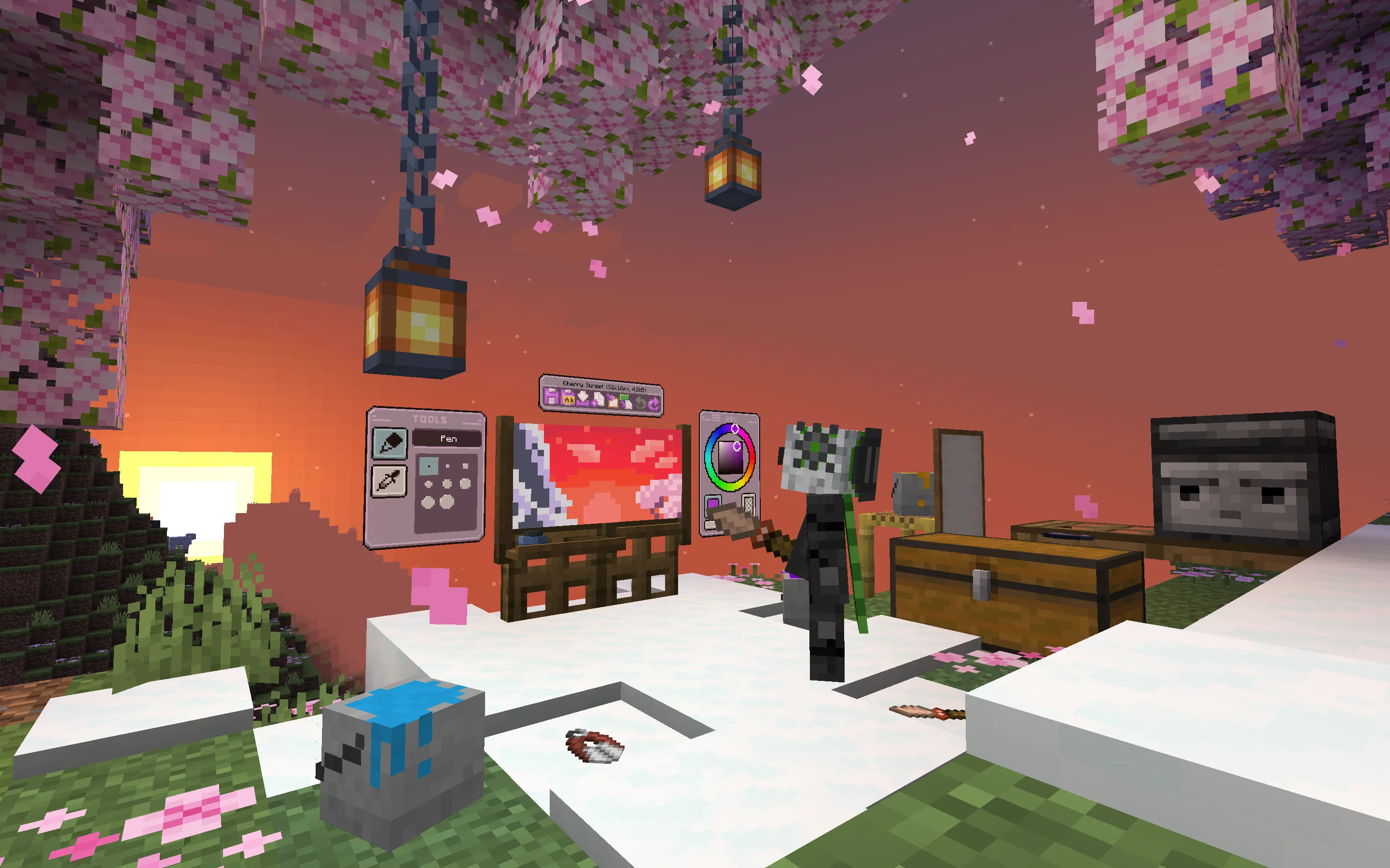 Картина в Minecraft, изображающая спокойный пейзаж в вишнёвой роще на закате.