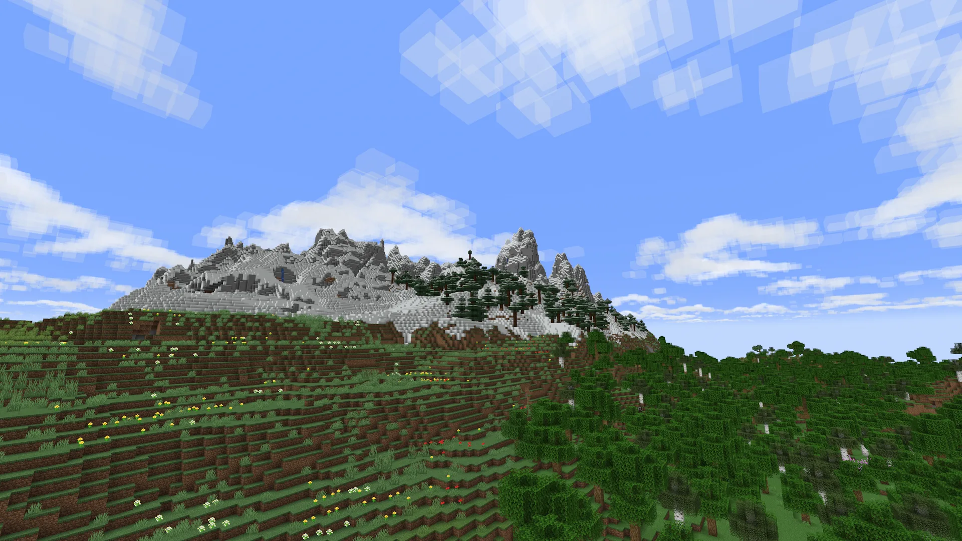 Скриншот горных ландшафтов в Minecraft 1.19.4 с установленным модом Better Clouds.