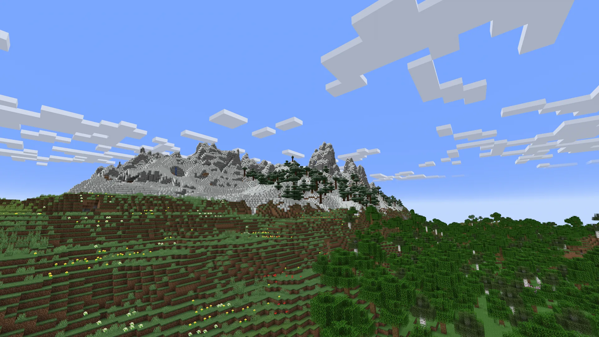 Вид на горный пейзаж в Minecraft 1.19.4 с модификацией Better Clouds в дневное время.