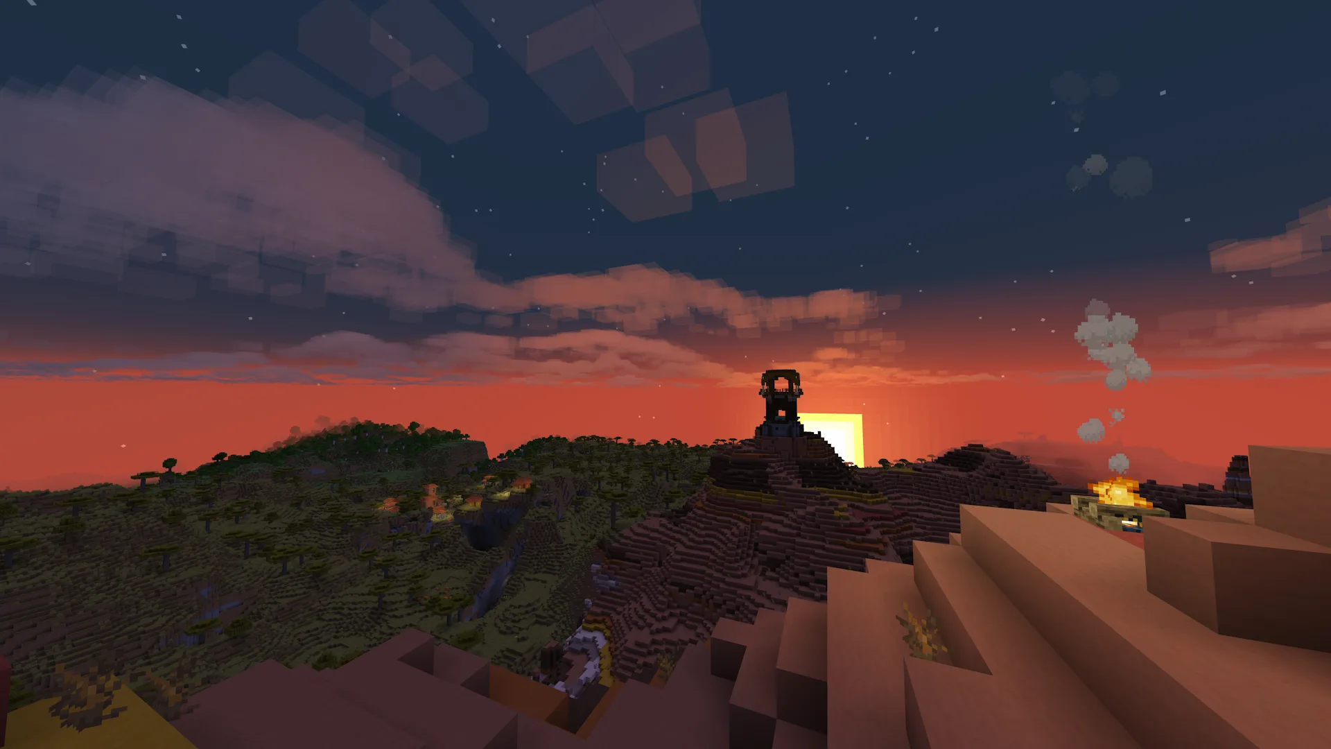 Скриншот заката в биоме Меса с установленным модом Better Clouds в Minecraft 1.19.4.