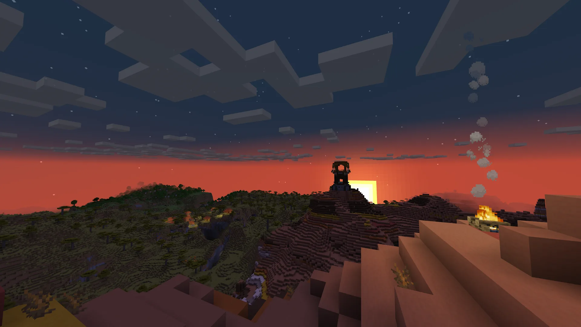 Скриншот заката в биоме меса с модом Better Clouds в Minecraft 1.19.4.