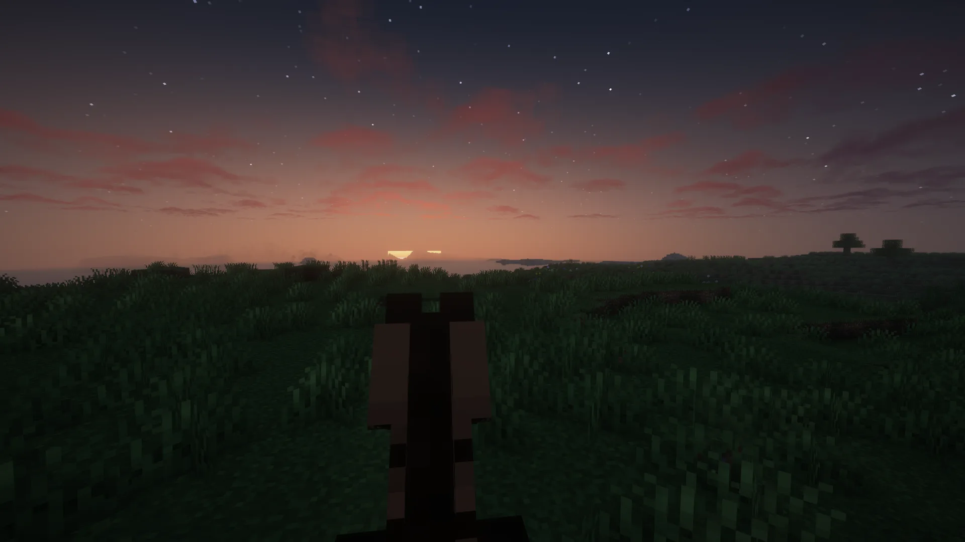 Вид на равнины Minecraft на рассвете с модами Better Clouds и шейдерами Complementary Reimagined.