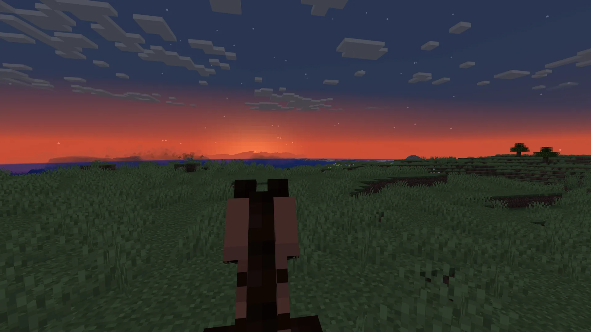 Вид на равнины в Minecraft 1.19.4 с модифицированными облаками во время рассвета.