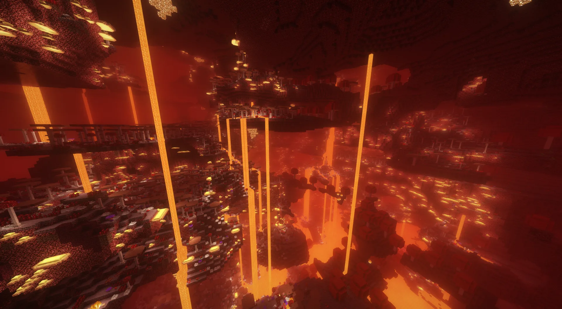 Высокий биом Нижнего мира в Minecraft с модами BetterNether и Biomes O' Plenty, визуализированный с шейдерами Complementary Reimagined.