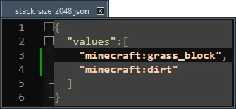 Пример JSON-файла для настройки размера стака предметов