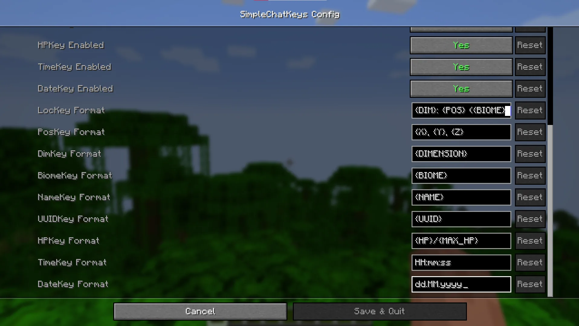 Меню конфигурации мода SimpleChatKeys