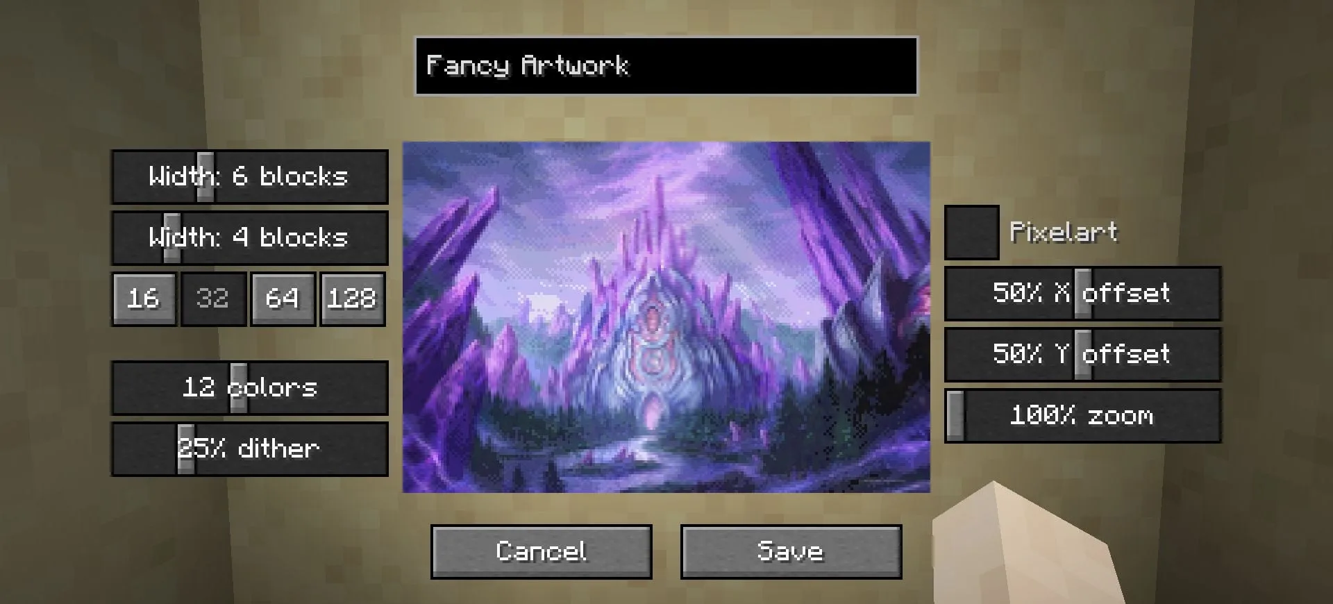 Интерфейс редактора пиксельных картин в Minecraft.