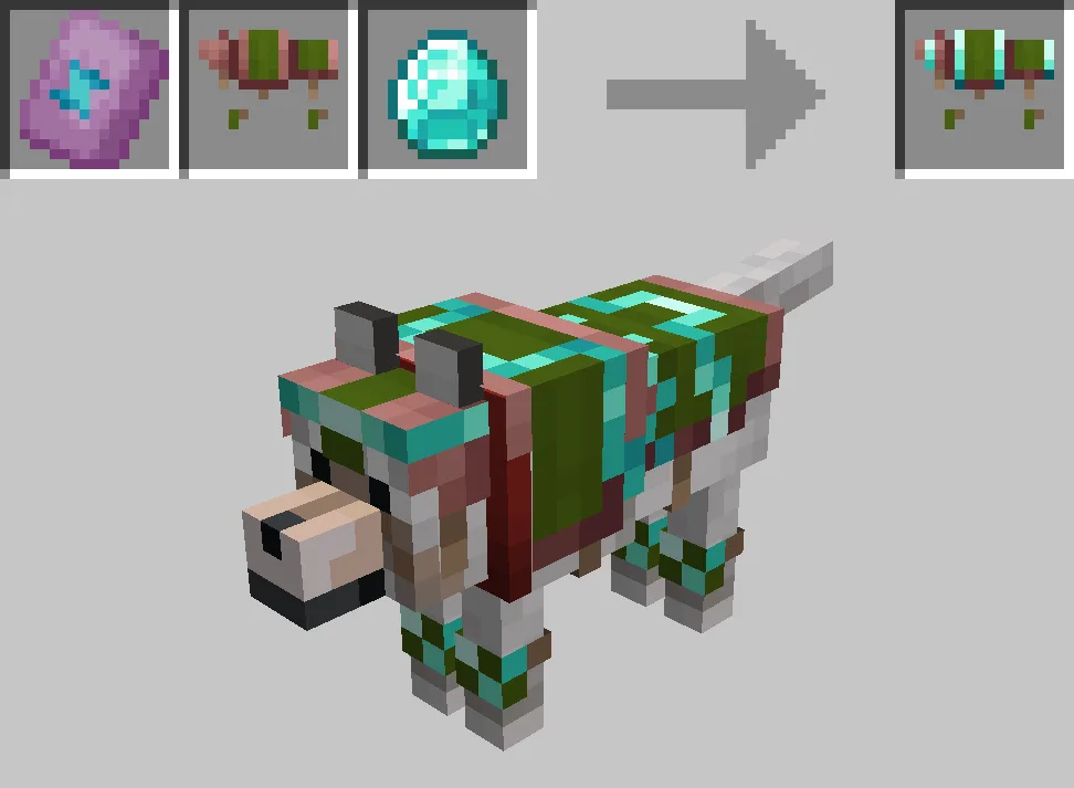 Рецепт крафта и внешний вид брони для волка в Minecraft.