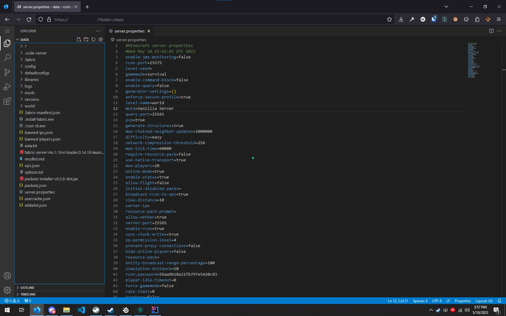 Пример работы мода code-server-mc на Vanilla+ сервере.