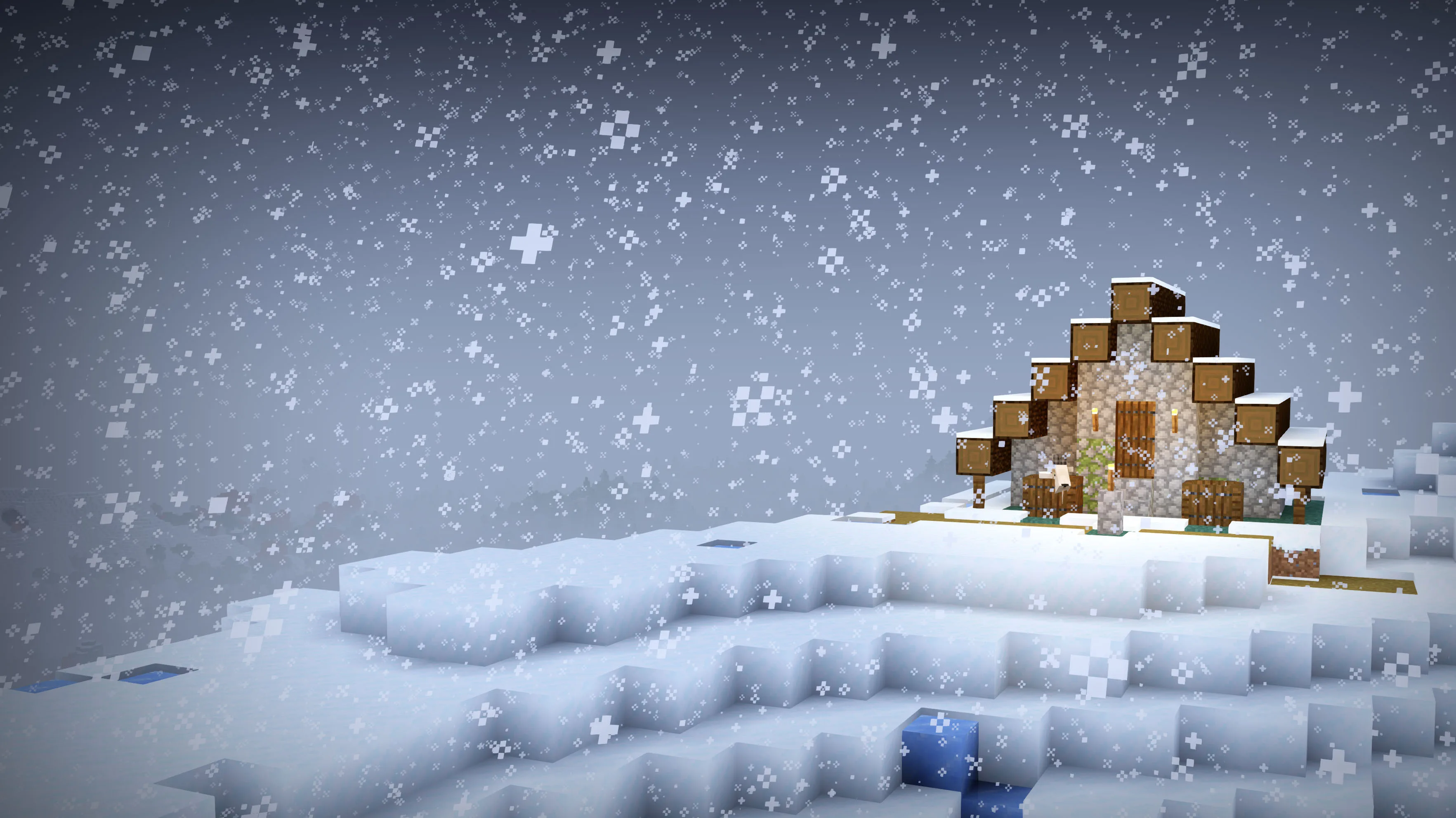 Дом в заснеженной деревне со шейдерами Stracciatella, Distant Horizons и модом Terralith.