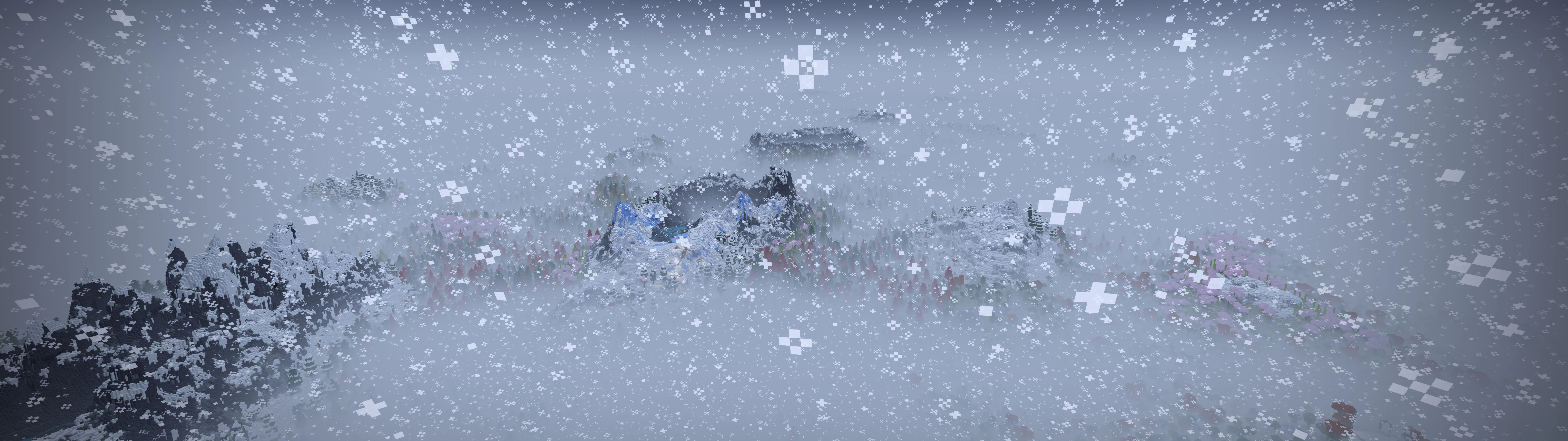 Снежный пейзаж с шейдерами Stracciatella, Distant Horizons и блоками Terralith.