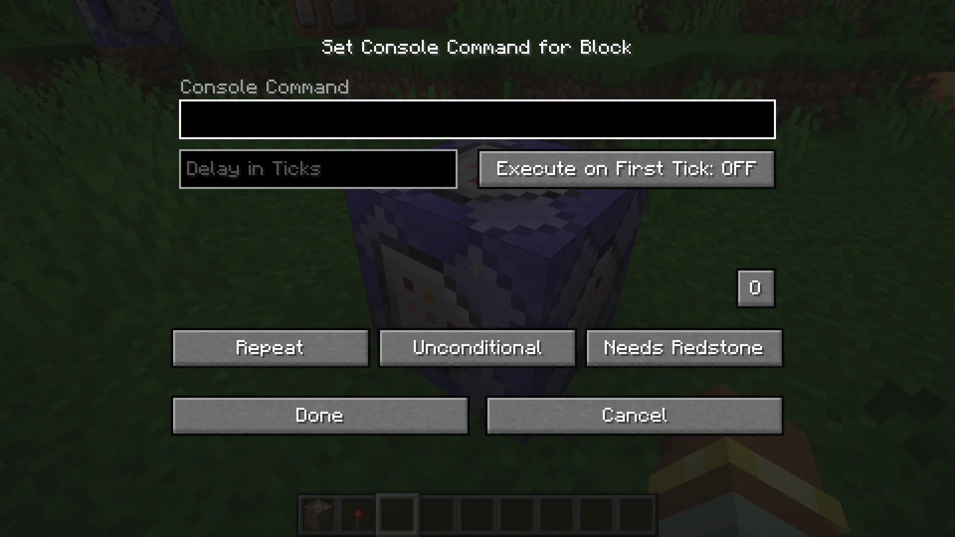 Интерфейс командного блока с установленным модом Command Block Delay.