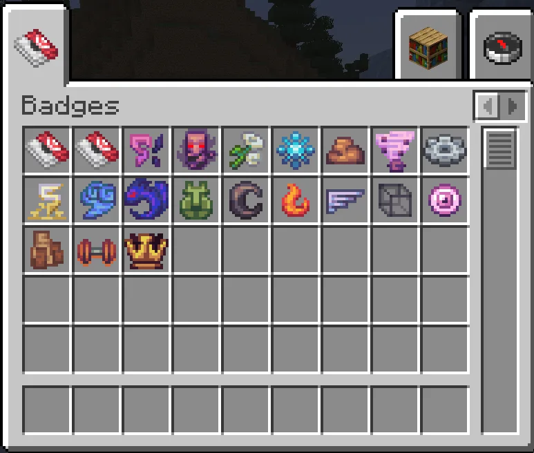 Интерфейс вкладки BadgeBox в моде Cobblemon для Minecraft.