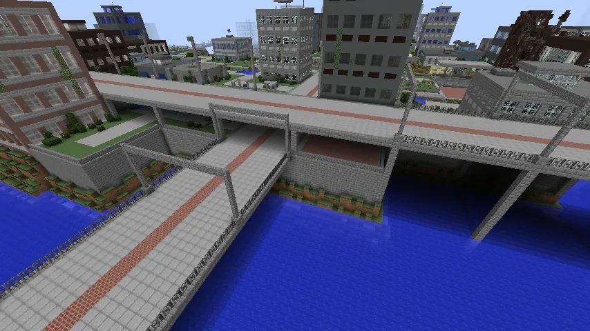 Игрок переходит через разрушенный мост в заброшенном городе из мода The Lost Cities.