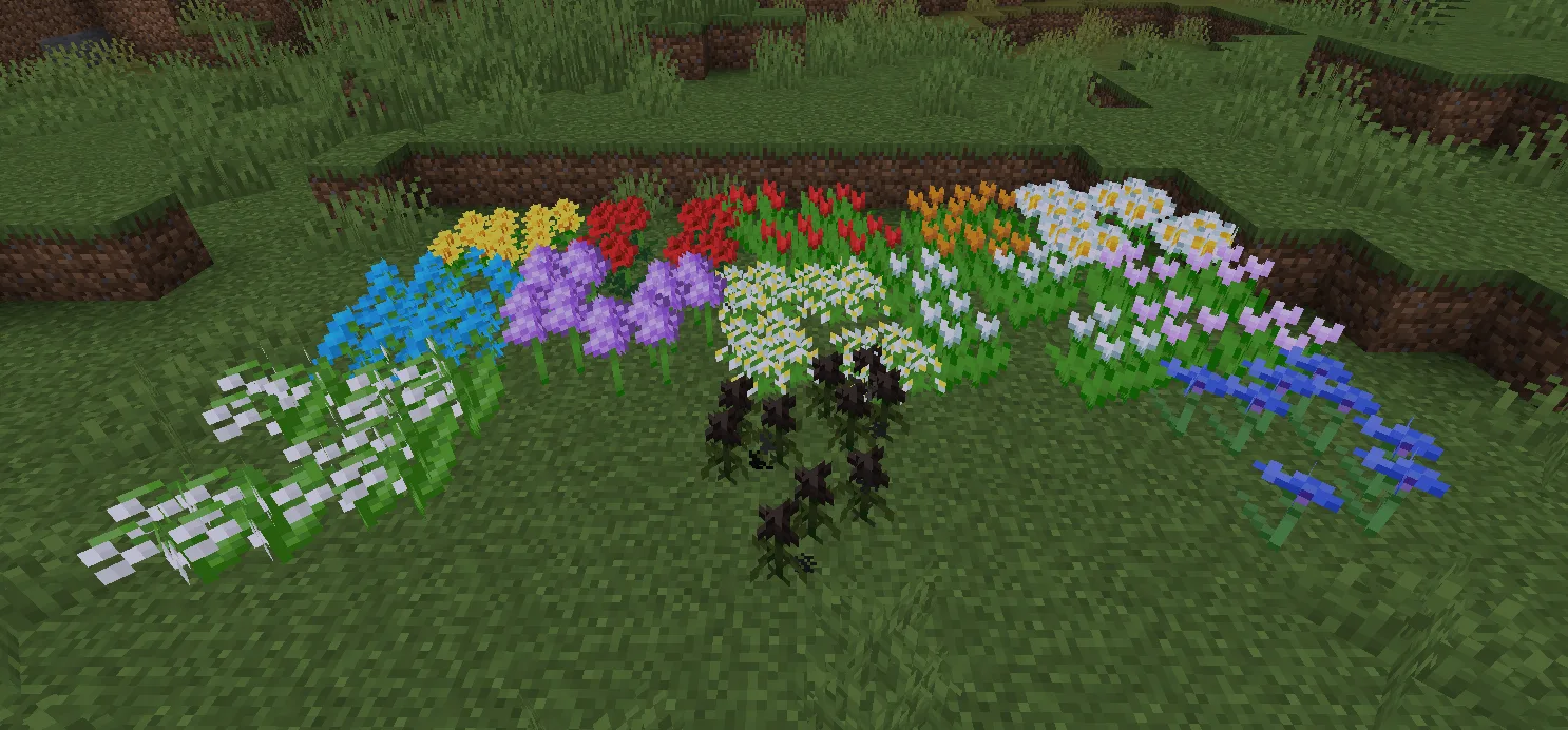 Скриншот мода Flower Patch с цветочными полями в Minecraft.