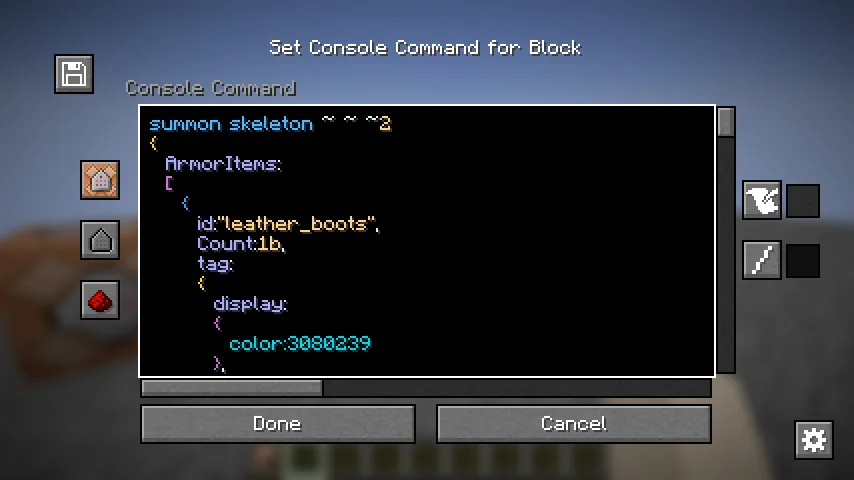 Скриншот интерфейса мода Better Command Block UI с отображением подсветки синтаксиса.