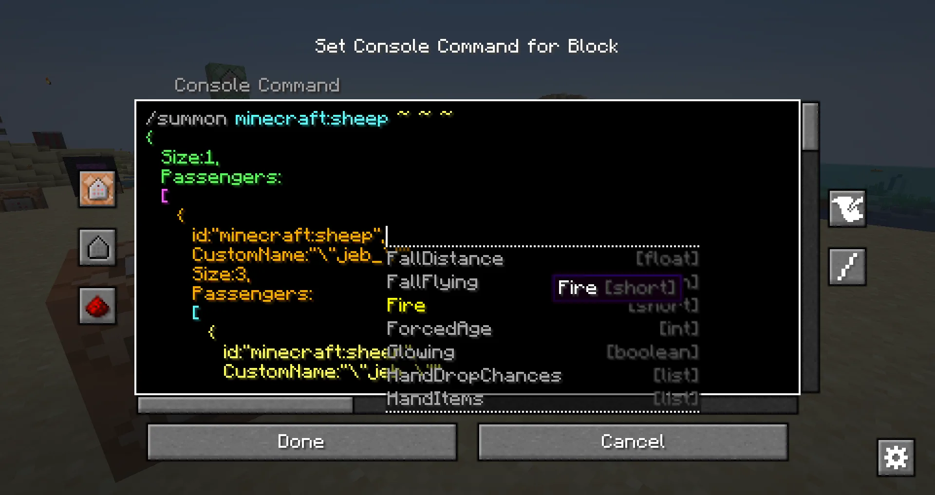 Интерфейс Better Command Block UI с активной функцией автодополнения NBT-тегов.