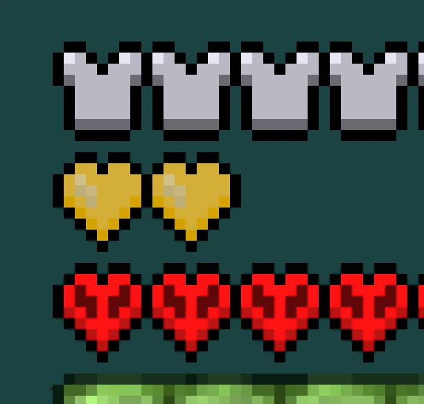 Скриншот игрового интерфейса Minecraft без установленного ресурспака Fixed Hardcore Absorption Hearts.