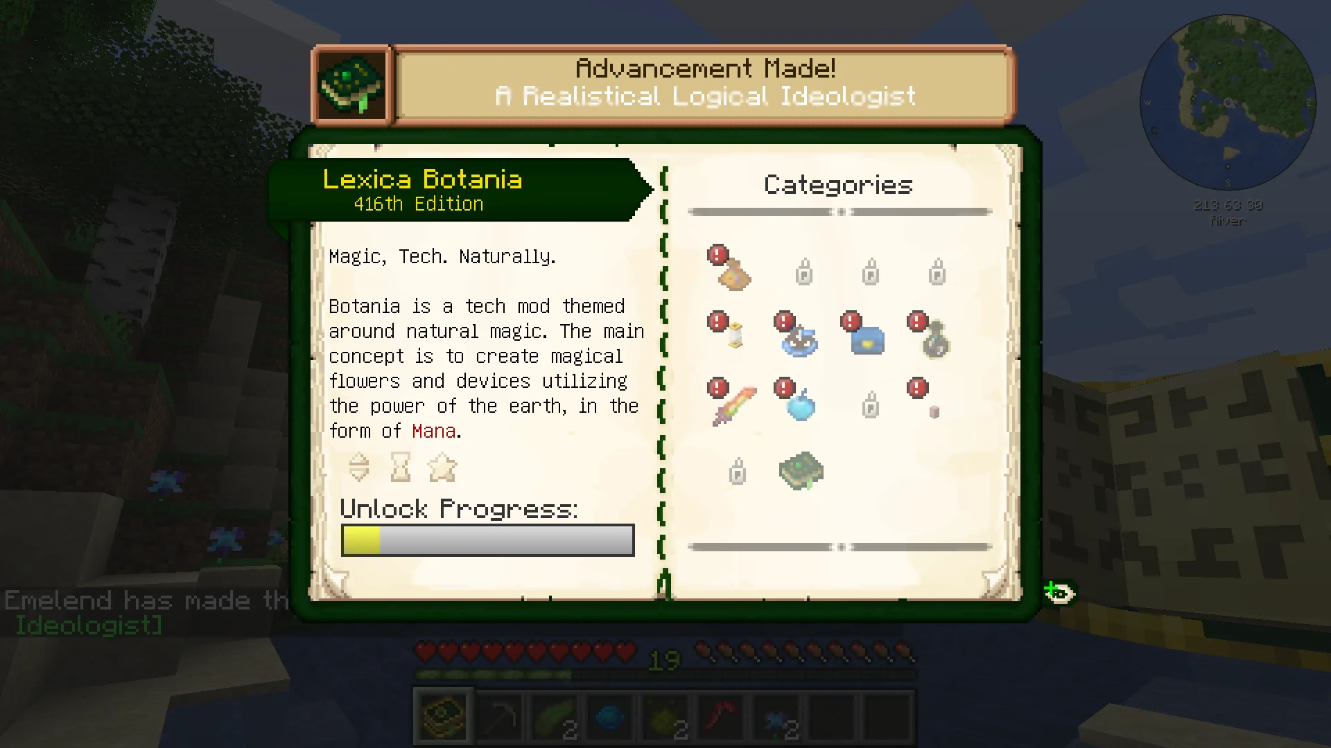 Интерфейс мода Advancement Plaques с отображением игрового достижения.