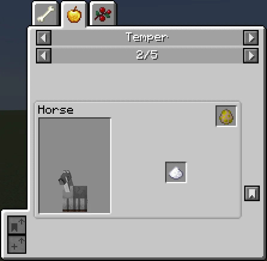 Интерфейс мода Just Enough Breeding, отображающий ингредиенты для повышения уровня темперамента животного.