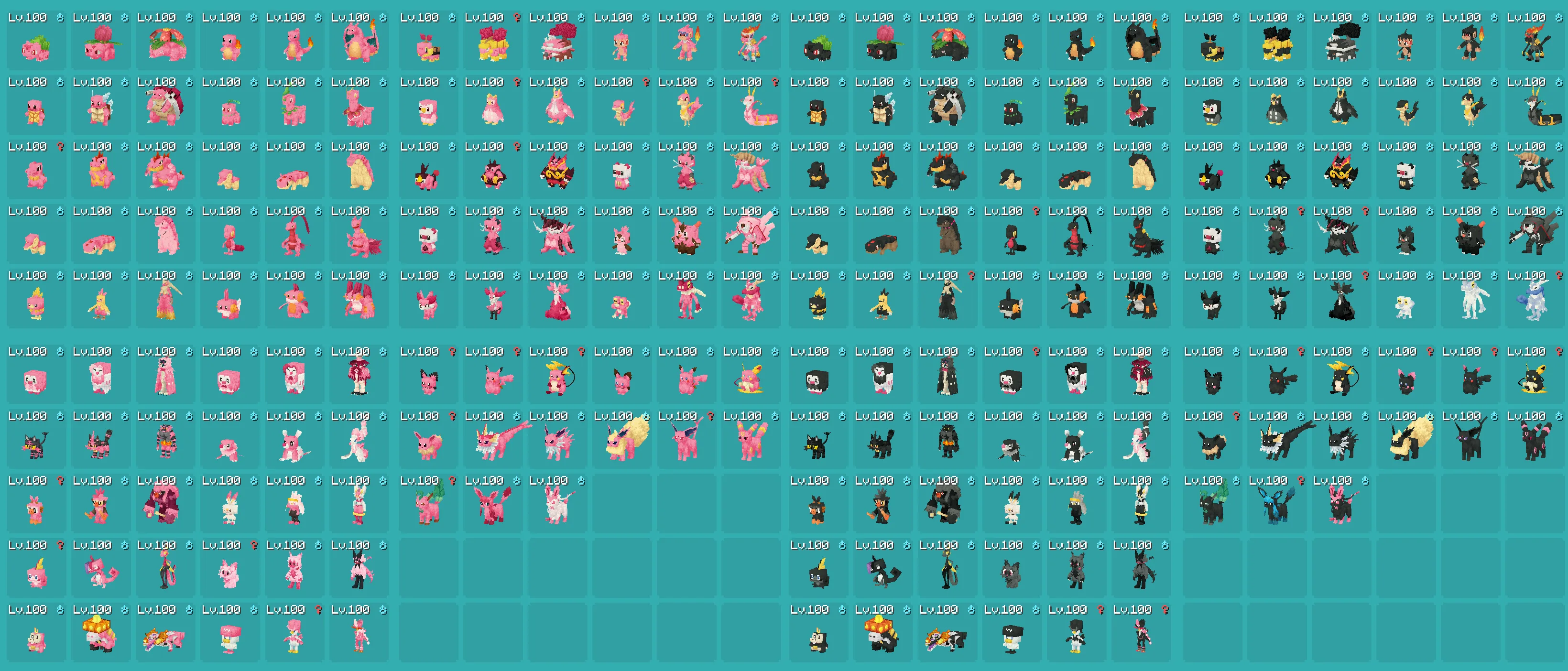 Пишкан-формы всех стартовых покемонов из набора The Pinkan Pokémon Pack.