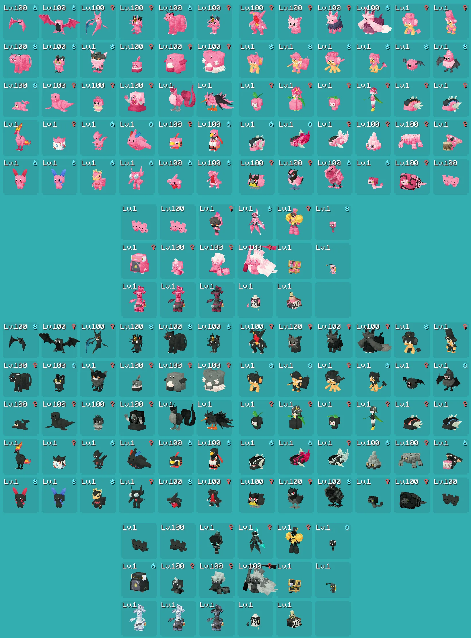 Группа покемонов из набора The Pinkan Pokémon Pack с розовой окраской.