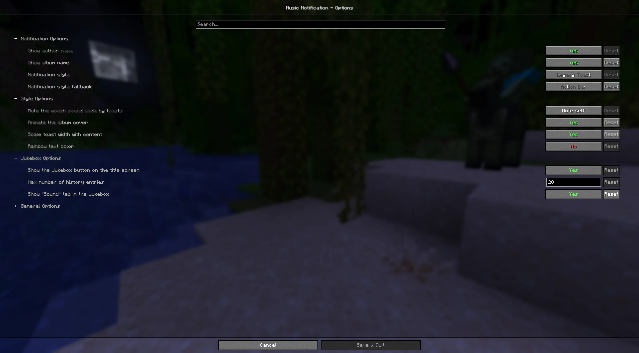 Меню настроек мода Music Notification.