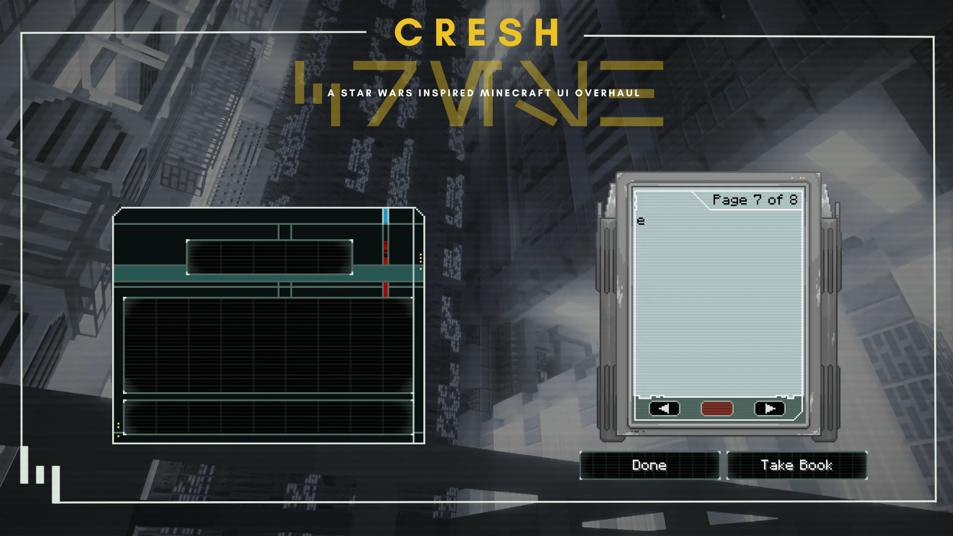 Интерфейс Minecraft в стиле Star Wars: воронки и книги, оформленные как датапады со звуковыми эффектами.