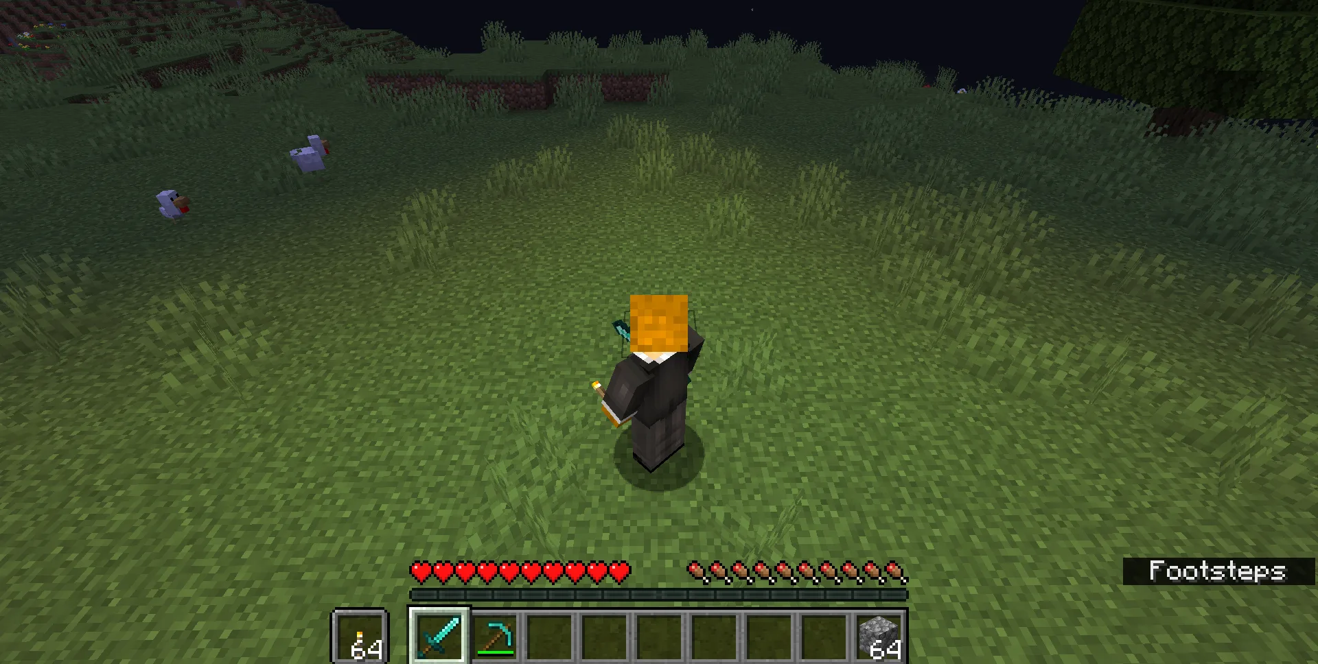 Игрок держит горящий факел в руках ночью, освещая пространство вокруг персонажа в Minecraft.