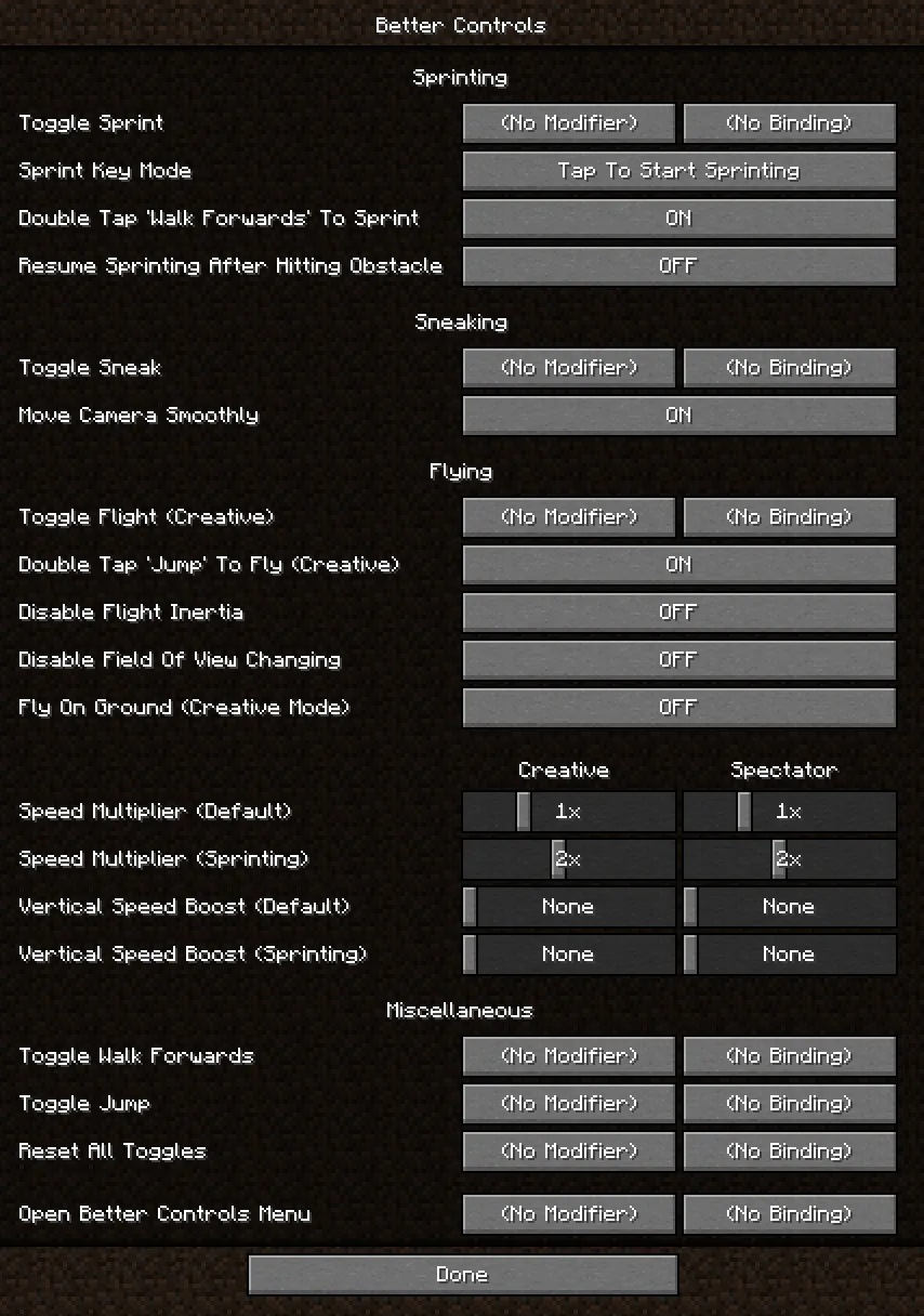 Better controls options in the control menu