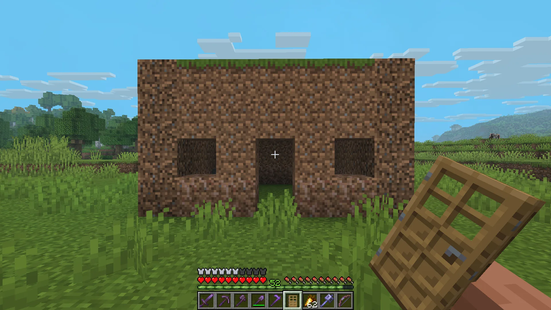 Скриншот мода Hold My Items: предметы в руках игрока отображаются в виде полноценных блоков вместо плоских спрайтов.