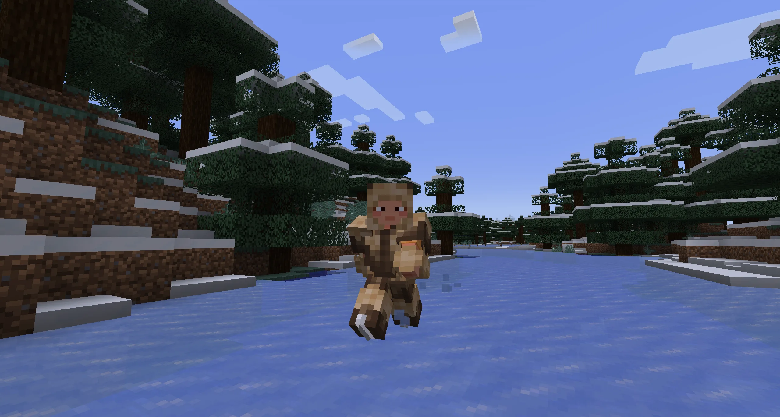 Игрок катается на коньках по замерзшей реке из мода Frostiful.