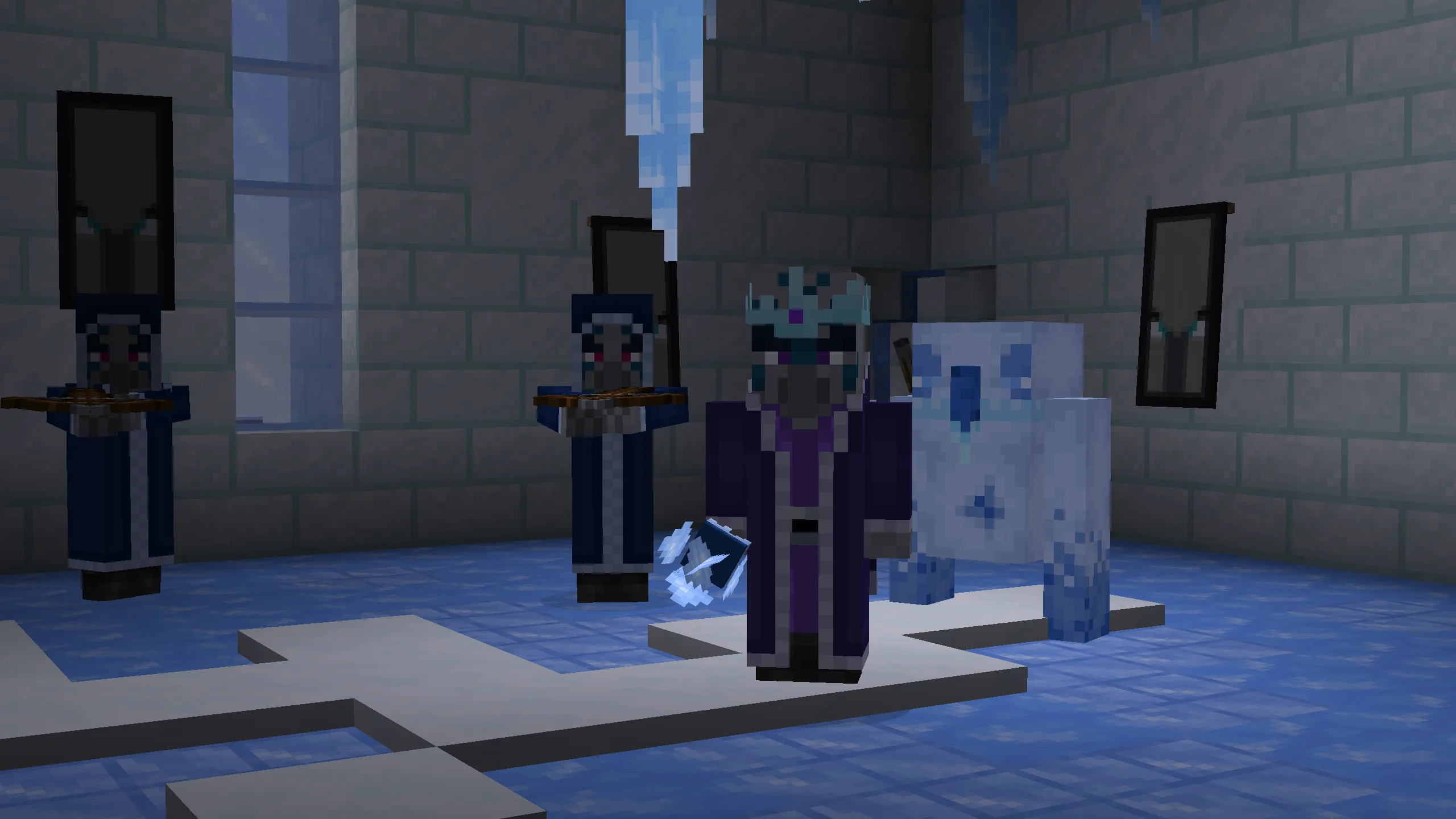 Скриншот из мода Frostiful: Фростолог и его приспешники (Чилладжеры и Байтер), стоящие в ряд.