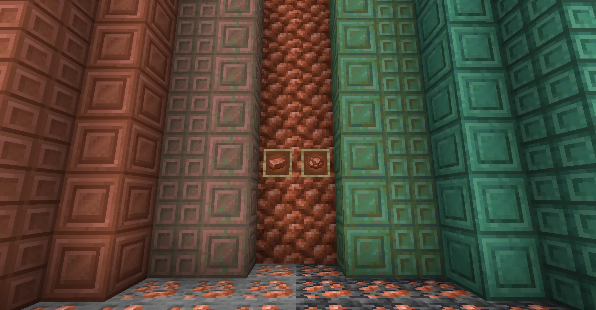 Медные блоки из мода Create в цветовой палитре ванильного Minecraft.