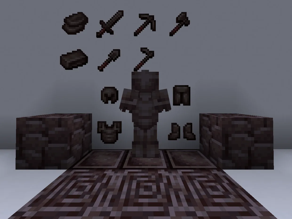 Демонстрация ванильных текстур нетеритовой экипировки из ресурспака Rusty Netherite в игре.