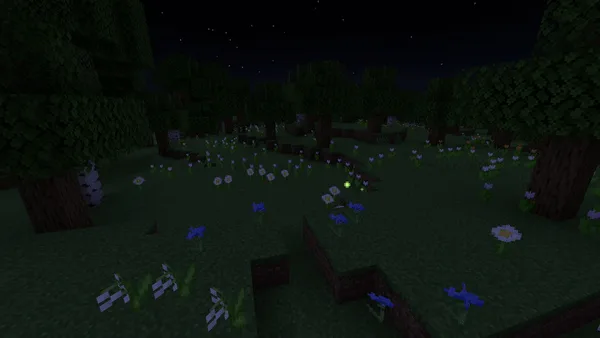 Светящиеся частицы светлячков в темном пространстве Minecraft.