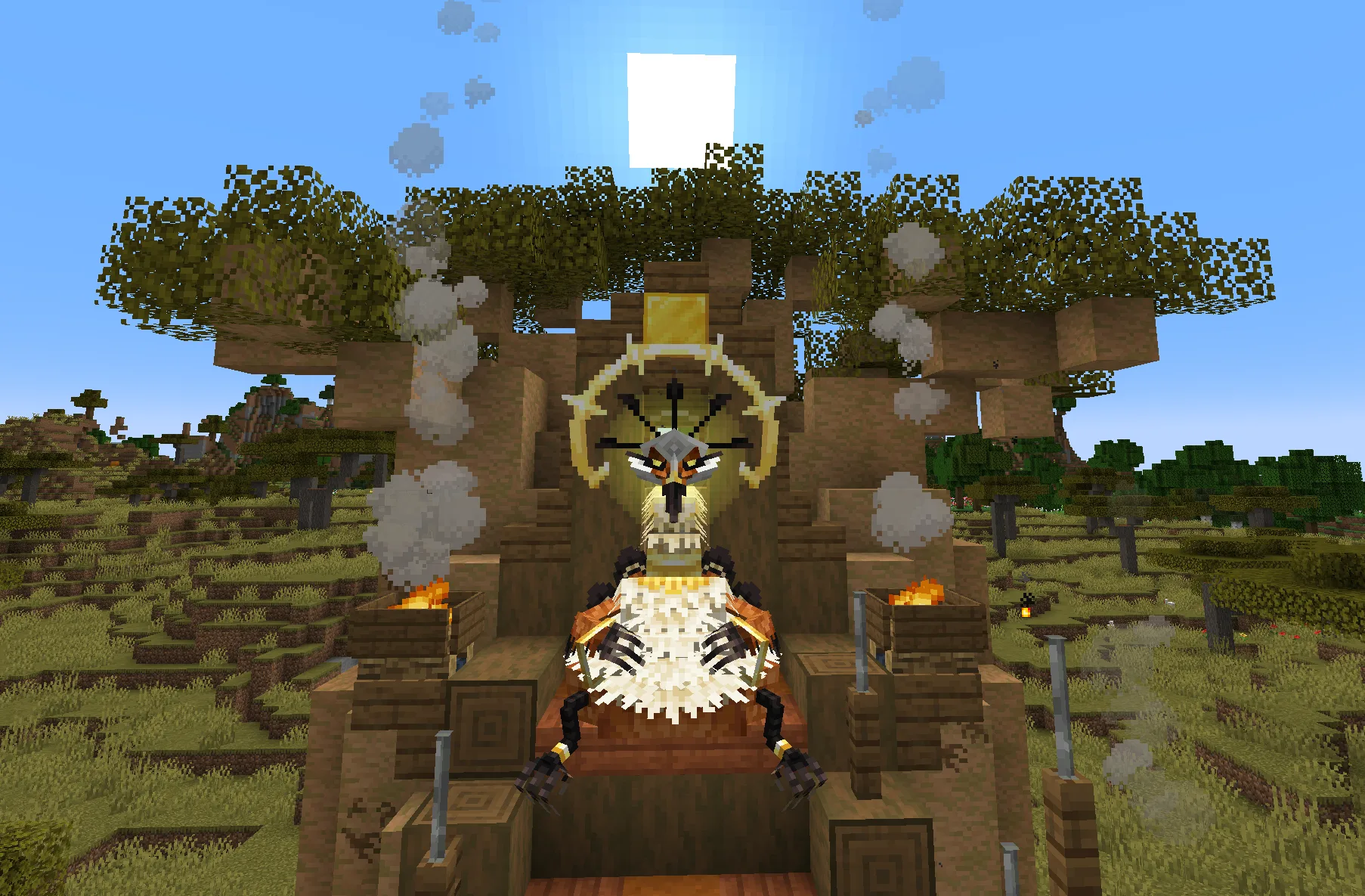 Umvuthi, the Sunbird из мода Mowzie's Mobs на троне в саванне.