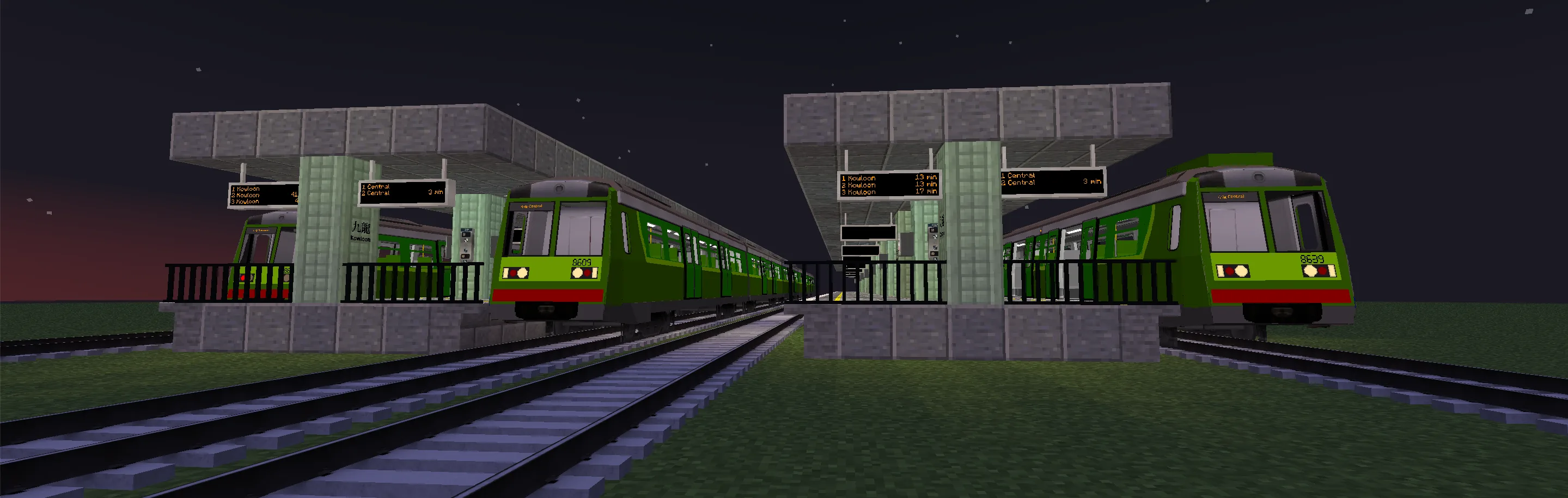 Поезда классов IÉ 8500 и 8520 на тестовой карте Minecraft (мод MTR).