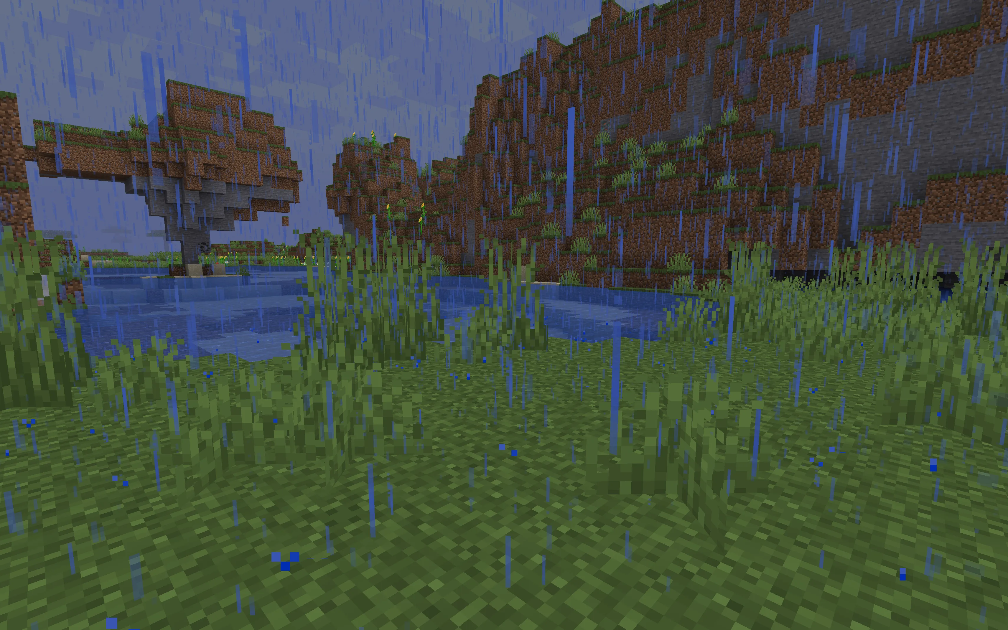 Вид в Minecraft во время дождя до установки шейдера No Rain Shader