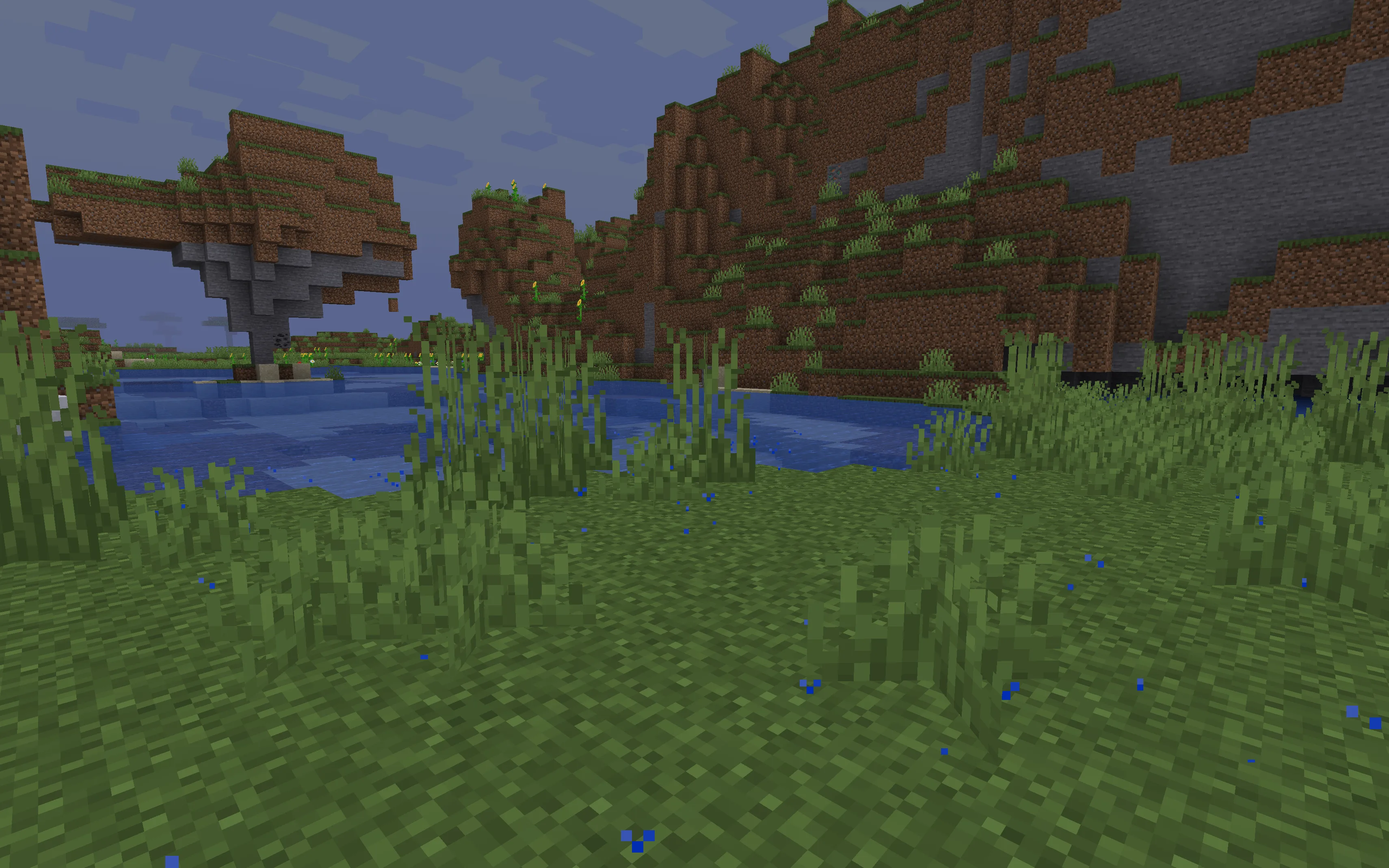 Вид в Minecraft во время дождя после установки шейдера No Rain Shader