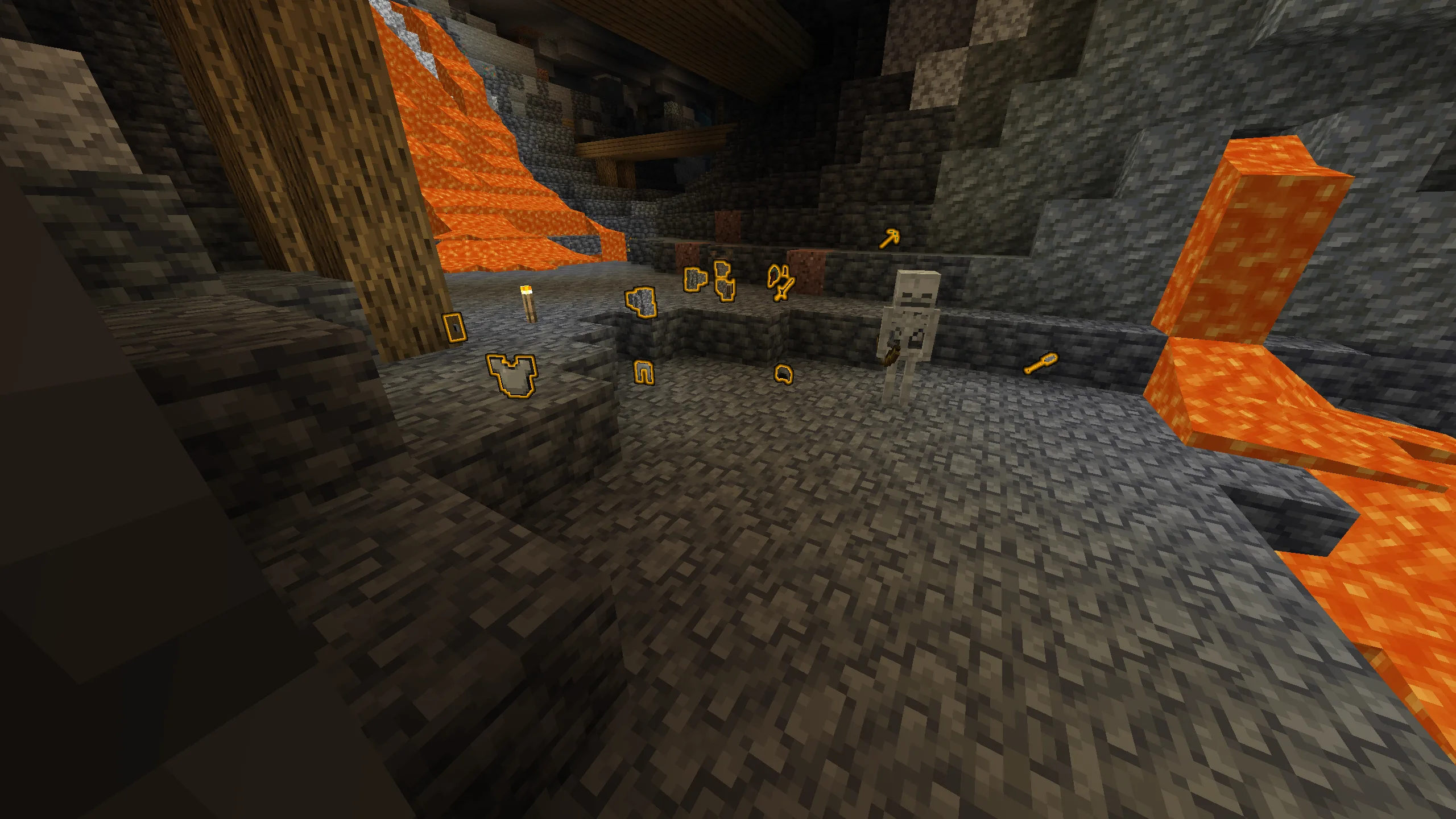 Выпавшие предметы в Minecraft с меняющим цвет светящимся контуром для поиска.