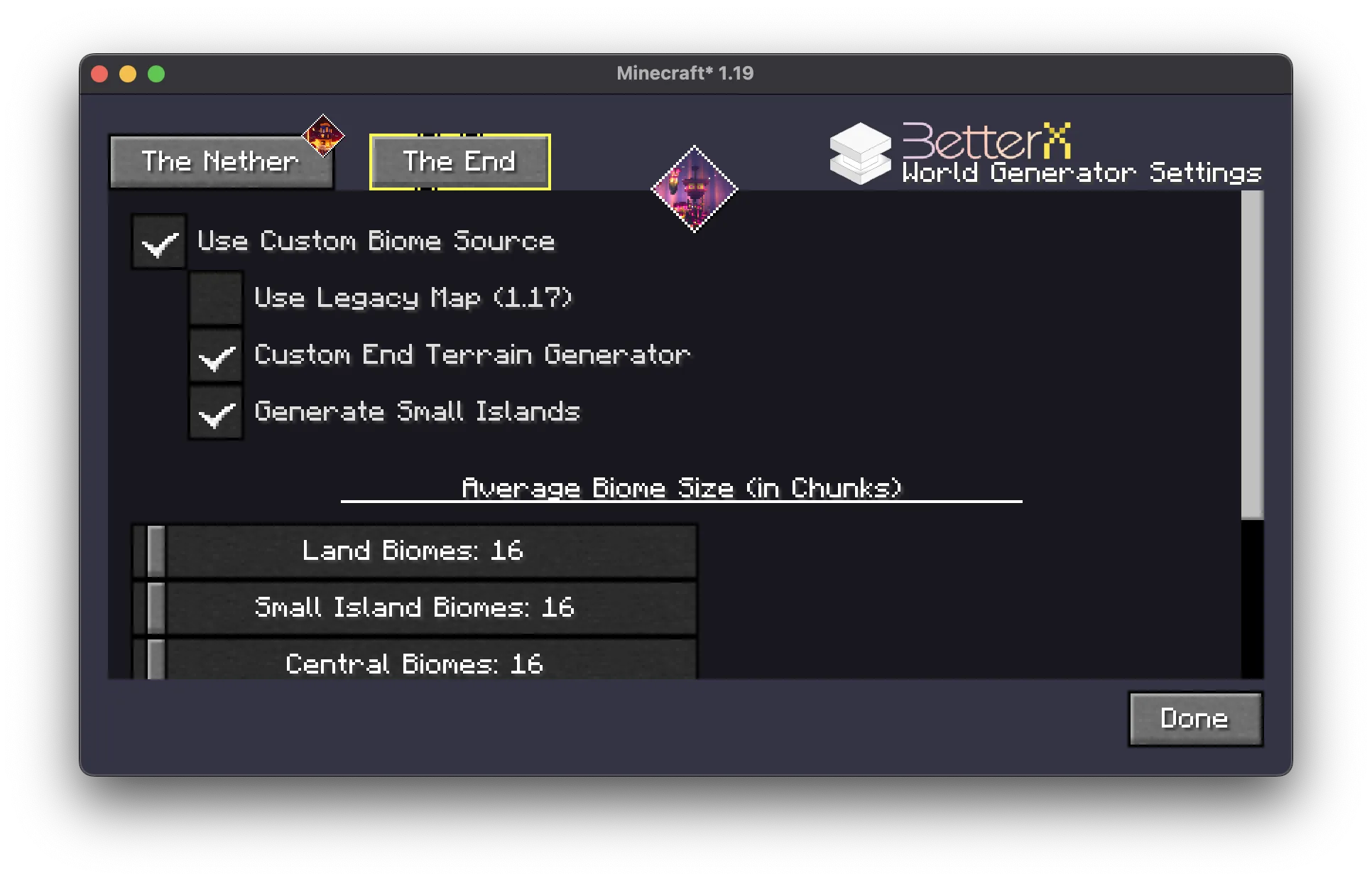 Меню настроек генератора мира в моде BCLib.