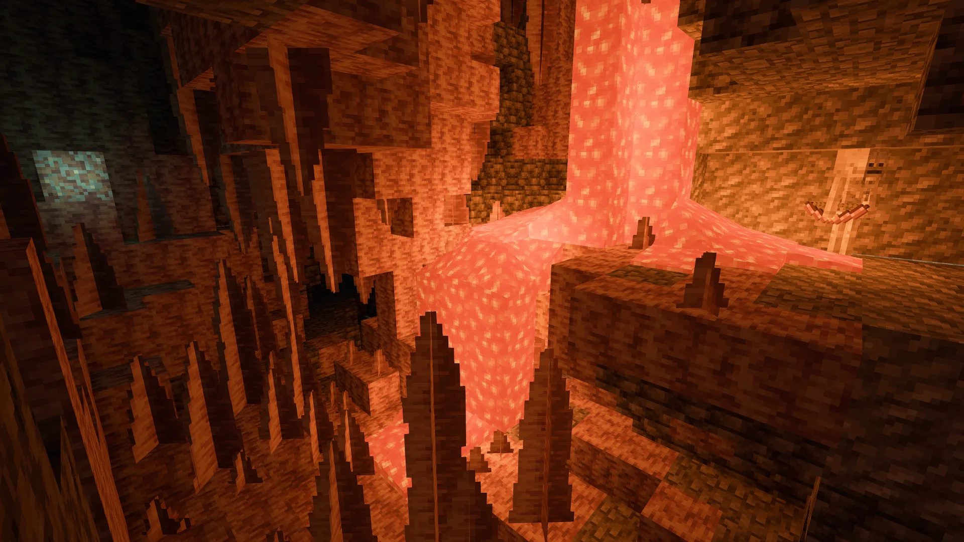 Цветной блок света с BRDF отражениями, освещающий пещеру лавой.