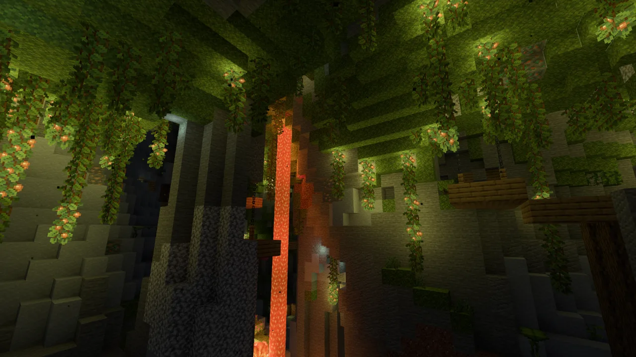 Цветной блок света с BRDF отражениями в пышной пещере с водопадом лавы.