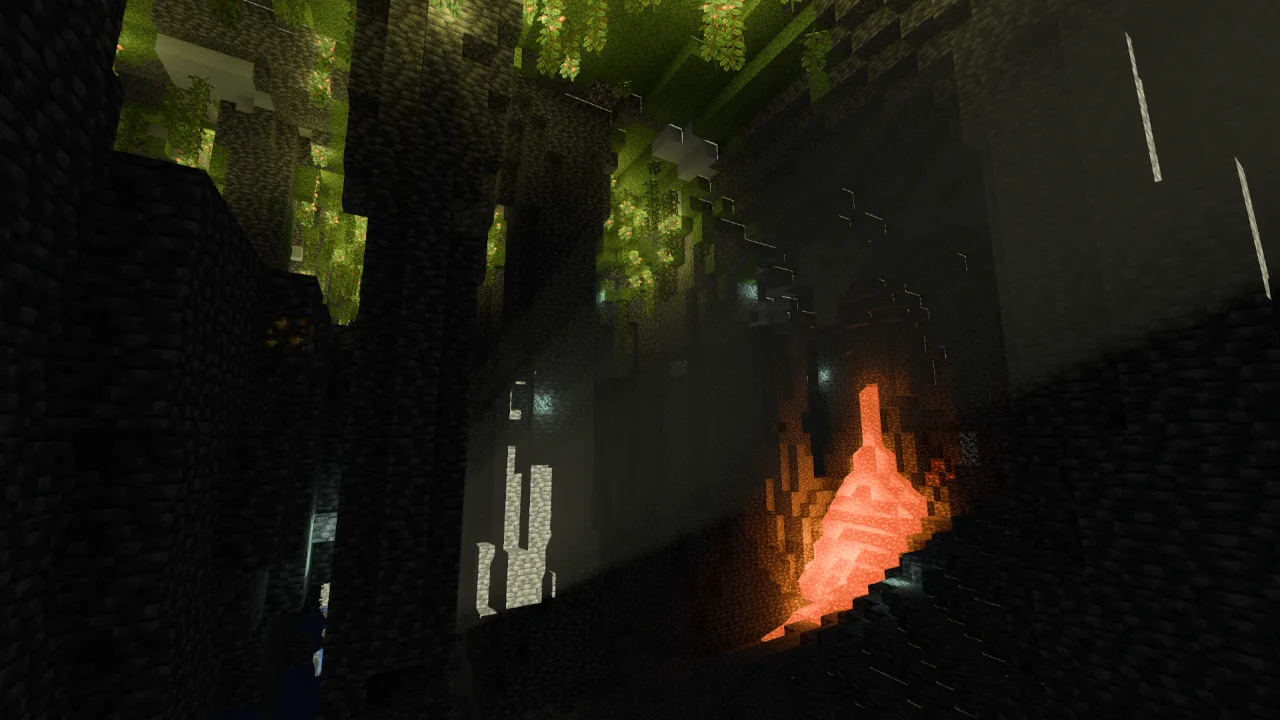 Цветной блок и солнечный свет в пышной пещере с водопадом из лавы.