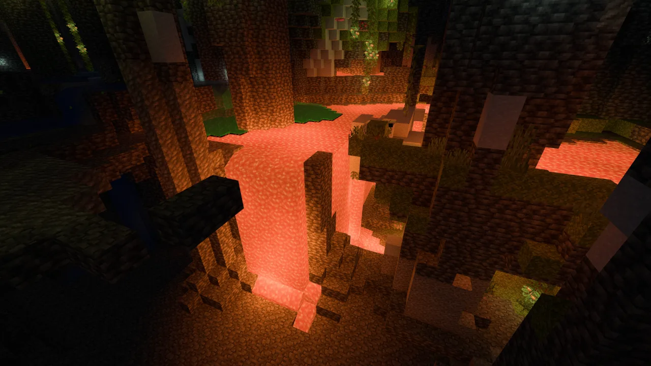 Цветной блок света с BRDF отражениями, водопад лавы в пещере.